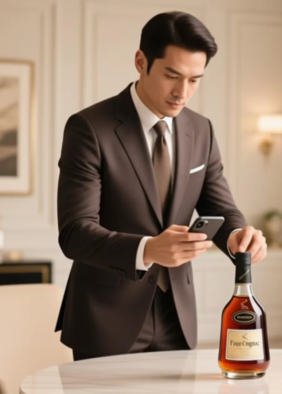 A customer holding a phone to the neck of a bottle to verify it.